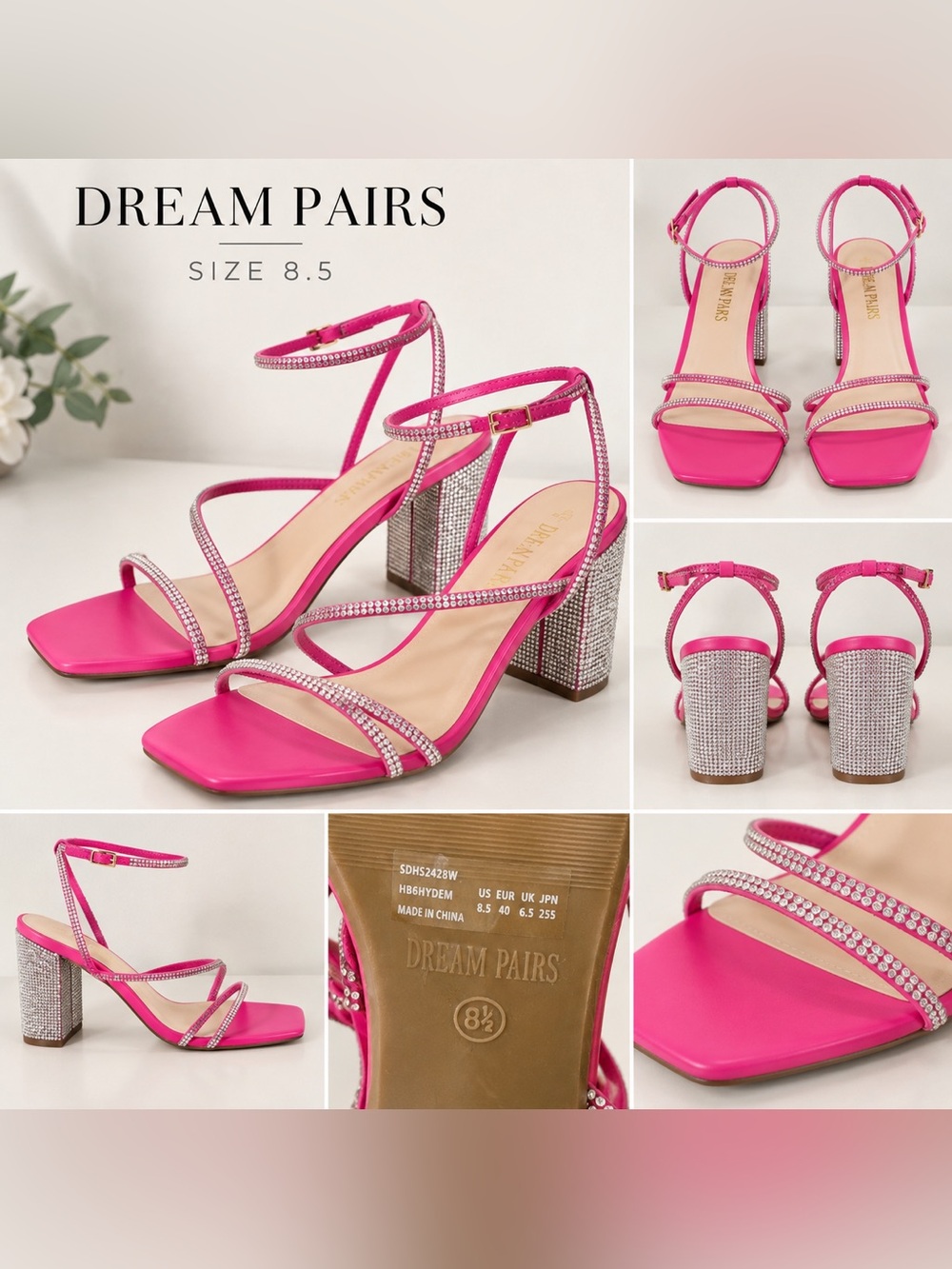 Dream Pairs Hot Pink Rhinestone Block Heel Sandals